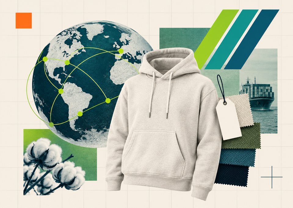 Collage: a hoodie, a globe with trade routes, cotton, fabric swatches and a container ship