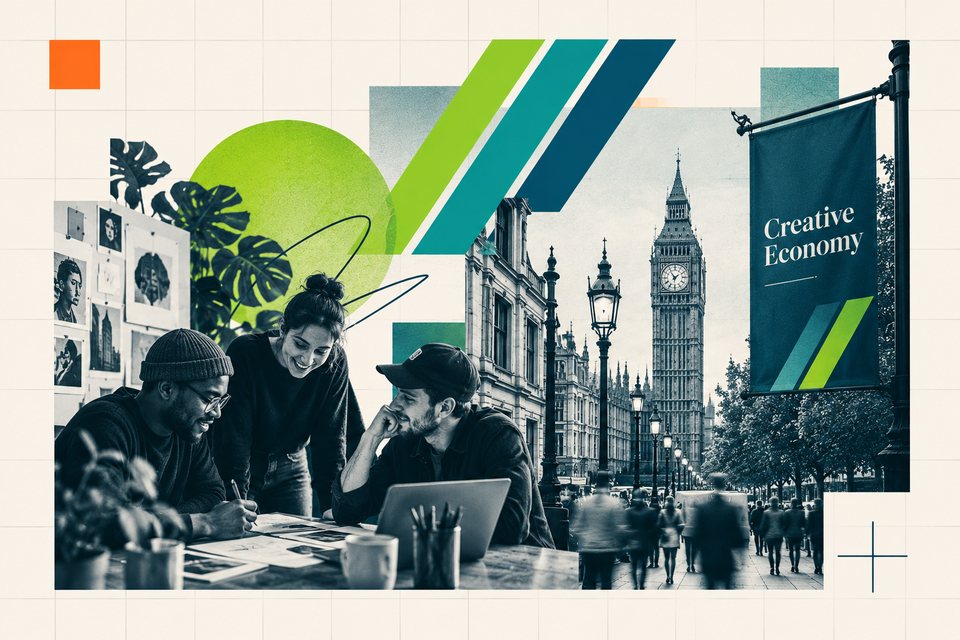Collage: a creative team at work, Big Ben and a Creative Economy banner