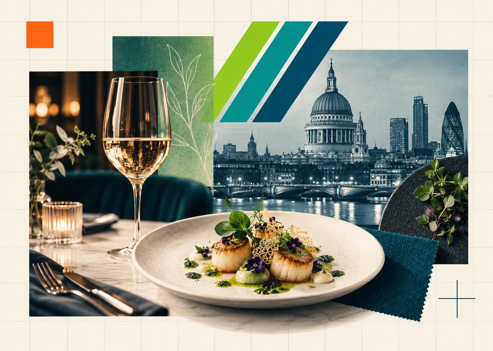 Collage: a plated dish and a glass of wine against the London skyline