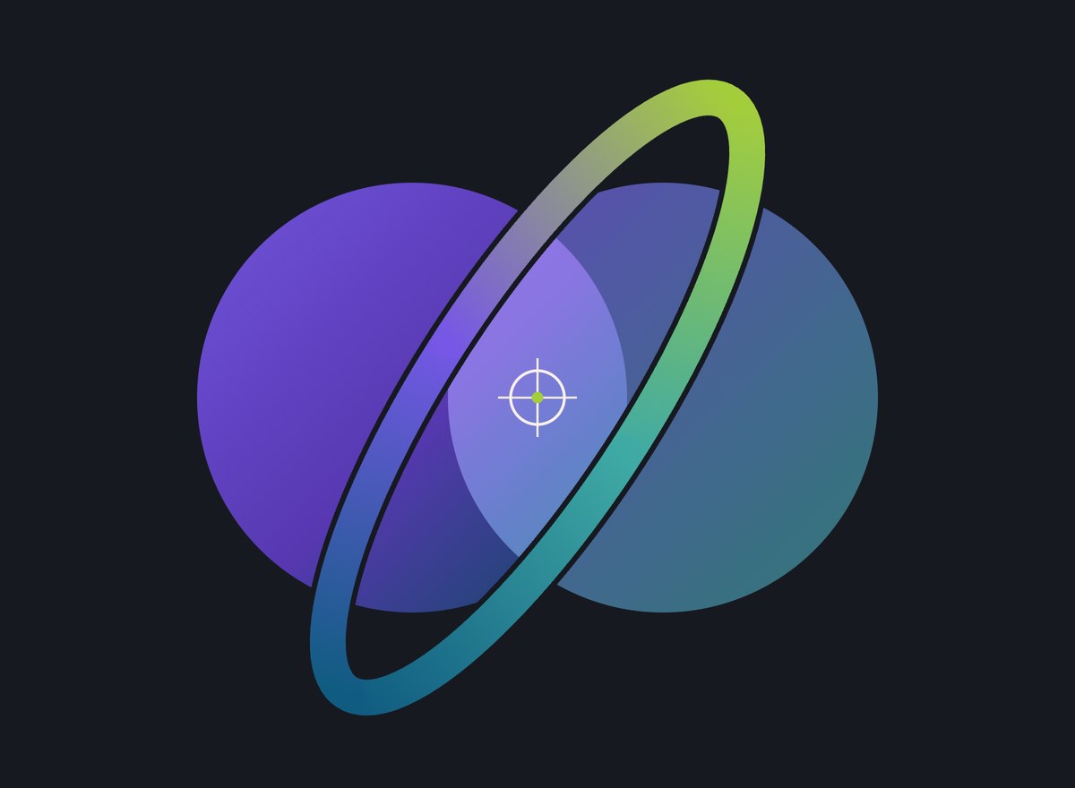 Organic engines: two overlapping circles, purple and blue, with a loop in lime, teal and blue running through both, on black